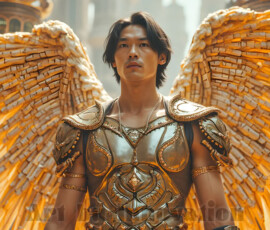 Stunning AI-generated male angel art — handsome heavenly warriors with enormous shimmering wings descending from the celestial realm. Heaven's Warriors Collection by Jeff Dupler.