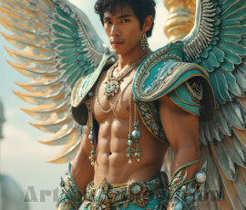 Stunning AI-generated male angel art — handsome heavenly warriors with enormous shimmering wings descending from the celestial realm. Heaven's Warriors Collection by Jeff Dupler.