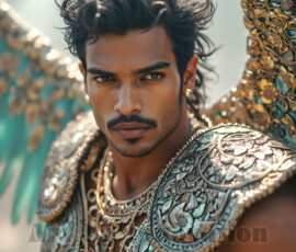 Stunning AI-generated male angel art — handsome heavenly warriors with enormous shimmering wings descending from the celestial realm. Heaven's Warriors Collection by Jeff Dupler.