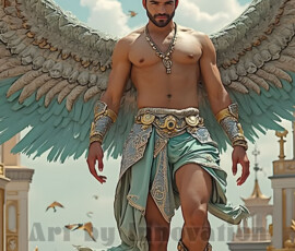 Stunning AI-generated male angel art — handsome heavenly warriors with enormous shimmering wings descending from the celestial realm. Heaven's Warriors Collection by Jeff Dupler.