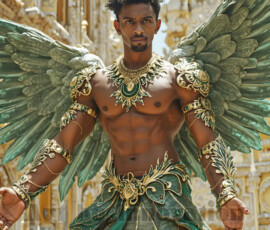 Stunning AI-generated male angel art — handsome heavenly warriors with enormous shimmering wings descending from the celestial realm. Heaven's Warriors Collection by Jeff Dupler.