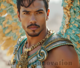 Stunning AI-generated male angel art — handsome heavenly warriors with enormous shimmering wings descending from the celestial realm. Heaven's Warriors Collection by Jeff Dupler.