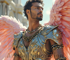 Stunning AI-generated male angel art — handsome heavenly warriors with enormous shimmering wings descending from the celestial realm. Heaven's Warriors Collection by Jeff Dupler.