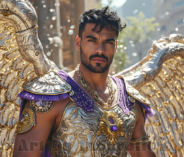 Stunning AI-generated male angel art — handsome heavenly warriors with enormous shimmering wings descending from the celestial realm. Heaven's Warriors Collection by Jeff Dupler.