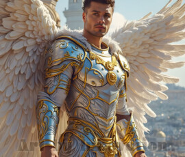 Stunning AI-generated male angel art — handsome heavenly warriors with enormous shimmering wings descending from the celestial realm. Heaven's Warriors Collection by Jeff Dupler.