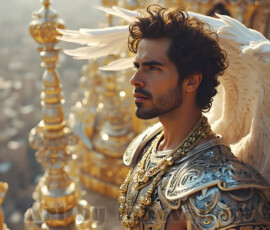 Stunning AI-generated male angel art — handsome heavenly warriors with enormous shimmering wings descending from the celestial realm. Heaven's Warriors Collection by Jeff Dupler.