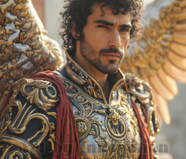 Stunning AI-generated male angel art — handsome heavenly warriors with enormous shimmering wings descending from the celestial realm. Heaven's Warriors Collection by Jeff Dupler.