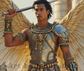 Stunning AI-generated male angel art — handsome heavenly warriors with enormous shimmering wings descending from the celestial realm. Heaven's Warriors Collection by Jeff Dupler.