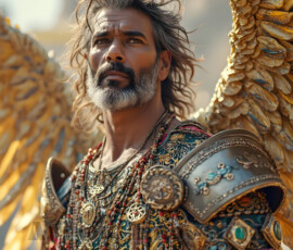 Stunning AI-generated male angel art — handsome heavenly warriors with enormous shimmering wings descending from the celestial realm. Heaven's Warriors Collection by Jeff Dupler.