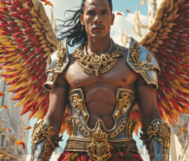 Stunning AI-generated male angel art — handsome heavenly warriors with enormous shimmering wings descending from the celestial realm. Heaven's Warriors Collection by Jeff Dupler.