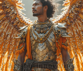 Stunning AI-generated male angel art — handsome heavenly warriors with enormous shimmering wings descending from the celestial realm. Heaven's Warriors Collection by Jeff Dupler.