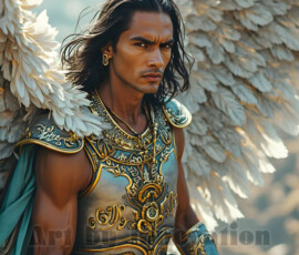 Stunning AI-generated male angel art — handsome heavenly warriors with enormous shimmering wings descending from the celestial realm. Heaven's Warriors Collection by Jeff Dupler.