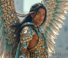 Stunning AI-generated male angel art — handsome heavenly warriors with enormous shimmering wings descending from the celestial realm. Heaven's Warriors Collection by Jeff Dupler.