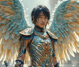 Stunning AI-generated male angel art — handsome heavenly warriors with enormous shimmering wings descending from the celestial realm. Heaven's Warriors Collection by Jeff Dupler.