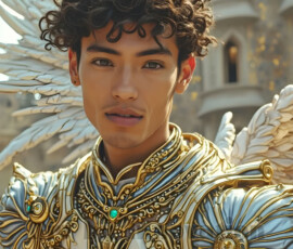 Stunning AI-generated male angel art — handsome heavenly warriors with enormous shimmering wings descending from the celestial realm. Heaven's Warriors Collection by Jeff Dupler.