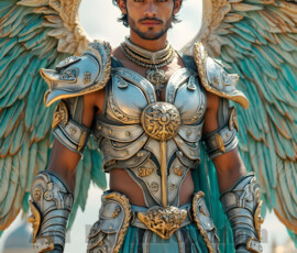Stunning AI-generated male angel art — handsome heavenly warriors with enormous shimmering wings descending from the celestial realm. Heaven's Warriors Collection by Jeff Dupler.