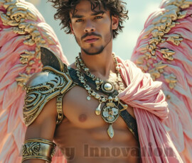 Stunning AI-generated male angel art — handsome heavenly warriors with enormous shimmering wings descending from the celestial realm. Heaven's Warriors Collection by Jeff Dupler.