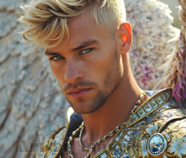 Stunning AI-generated male angel art — handsome heavenly warriors with enormous shimmering wings descending from the celestial realm. Heaven's Warriors Collection by Jeff Dupler.