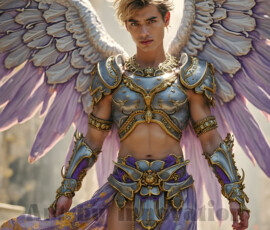 Stunning AI-generated male angel art — handsome heavenly warriors with enormous shimmering wings descending from the celestial realm. Heaven's Warriors Collection by Jeff Dupler.