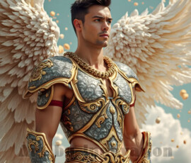 Stunning AI-generated male angel art — handsome heavenly warriors with enormous shimmering wings descending from the celestial realm. Heaven's Warriors Collection by Jeff Dupler.