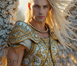 Stunning AI-generated male angel art — handsome heavenly warriors with enormous shimmering wings descending from the celestial realm. Heaven's Warriors Collection by Jeff Dupler.