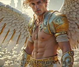 Stunning AI-generated male angel art — handsome heavenly warriors with enormous shimmering wings descending from the celestial realm. Heaven's Warriors Collection by Jeff Dupler.