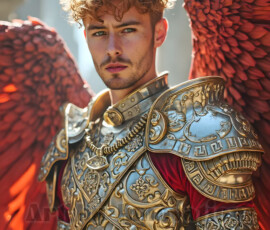 Stunning AI-generated male angel art — handsome heavenly warriors with enormous shimmering wings descending from the celestial realm. Heaven's Warriors Collection by Jeff Dupler.