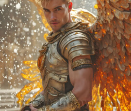 Stunning AI-generated male angel art — handsome heavenly warriors with enormous shimmering wings descending from the celestial realm. Heaven's Warriors Collection by Jeff Dupler.
