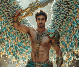 Stunning AI-generated male angel art — handsome heavenly warriors with enormous shimmering wings descending from the celestial realm. Heaven's Warriors Collection by Jeff Dupler.