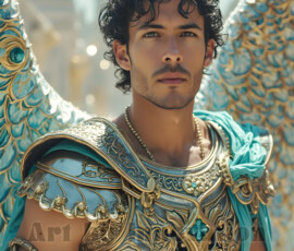 Stunning AI-generated male angel art — handsome heavenly warriors with enormous shimmering wings descending from the celestial realm. Heaven's Warriors Collection by Jeff Dupler.