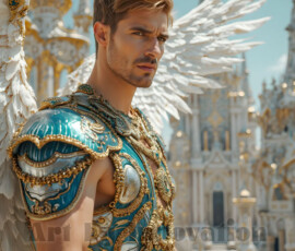 Stunning AI-generated male angel art — handsome heavenly warriors with enormous shimmering wings descending from the celestial realm. Heaven's Warriors Collection by Jeff Dupler.