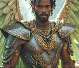 Stunning AI-generated male angel art — handsome heavenly warriors with enormous shimmering wings descending from the celestial realm. Heaven's Warriors Collection by Jeff Dupler.