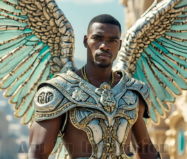 Stunning AI-generated male angel art — handsome heavenly warriors with enormous shimmering wings descending from the celestial realm. Heaven's Warriors Collection by Jeff Dupler.