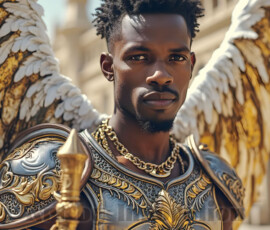 Stunning AI-generated male angel art — handsome heavenly warriors with enormous shimmering wings descending from the celestial realm. Heaven's Warriors Collection by Jeff Dupler.