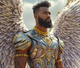Stunning AI-generated male angel art — handsome heavenly warriors with enormous shimmering wings descending from the celestial realm. Heaven's Warriors Collection by Jeff Dupler.