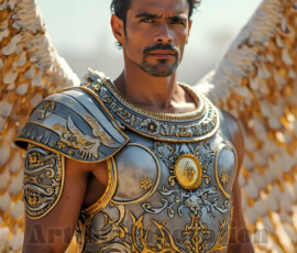 Stunning AI-generated male angel art — handsome heavenly warriors with enormous shimmering wings descending from the celestial realm. Heaven's Warriors Collection by Jeff Dupler.