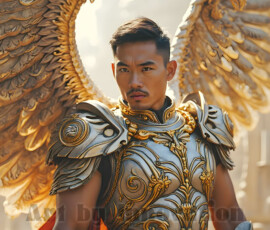 Stunning AI-generated male angel art — handsome heavenly warriors with enormous shimmering wings descending from the celestial realm. Heaven's Warriors Collection by Jeff Dupler.