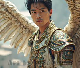 Stunning AI-generated male angel art — handsome heavenly warriors with enormous shimmering wings descending from the celestial realm. Heaven's Warriors Collection by Jeff Dupler.