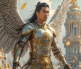 Stunning AI-generated male angel art — handsome heavenly warriors with enormous shimmering wings descending from the celestial realm. Heaven's Warriors Collection by Jeff Dupler.