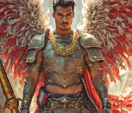 Stunning AI-generated male angel art — handsome heavenly warriors with enormous shimmering wings descending from the celestial realm. Heaven's Warriors Collection by Jeff Dupler.
