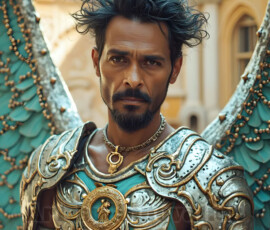 Stunning AI-generated male angel art — handsome heavenly warriors with enormous shimmering wings descending from the celestial realm. Heaven's Warriors Collection by Jeff Dupler.