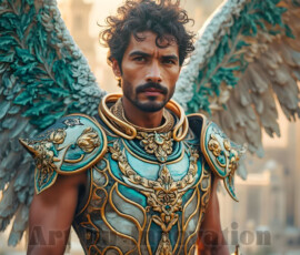 Stunning AI-generated male angel art — handsome heavenly warriors with enormous shimmering wings descending from the celestial realm. Heaven's Warriors Collection by Jeff Dupler.