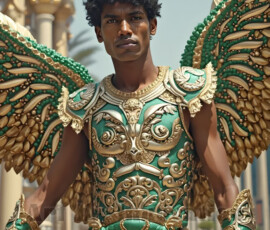 Stunning AI-generated male angel art — handsome heavenly warriors with enormous shimmering wings descending from the celestial realm. Heaven's Warriors Collection by Jeff Dupler.