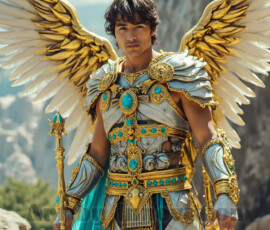 Stunning AI-generated male angel art — handsome heavenly warriors with enormous shimmering wings descending from the celestial realm. Heaven's Warriors Collection by Jeff Dupler.