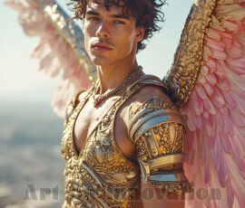 Stunning AI-generated male angel art — handsome heavenly warriors with enormous shimmering wings descending from the celestial realm. Heaven's Warriors Collection by Jeff Dupler.