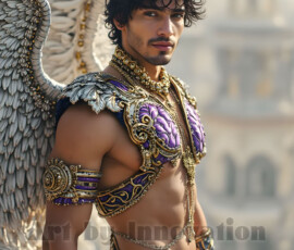 Stunning AI-generated male angel art — handsome heavenly warriors with enormous shimmering wings descending from the celestial realm. Heaven's Warriors Collection by Jeff Dupler.