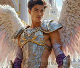Stunning AI-generated male angel art — handsome heavenly warriors with enormous shimmering wings descending from the celestial realm. Heaven's Warriors Collection by Jeff Dupler.