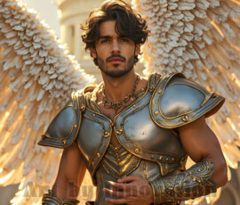 Stunning AI-generated male angel art — handsome heavenly warriors with enormous shimmering wings descending from the celestial realm. Heaven's Warriors Collection by Jeff Dupler.
