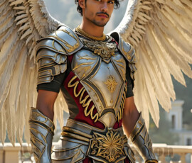 Stunning AI-generated male angel art — handsome heavenly warriors with enormous shimmering wings descending from the celestial realm. Heaven's Warriors Collection by Jeff Dupler.