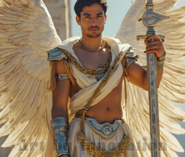 Stunning AI-generated male angel art — handsome heavenly warriors with enormous shimmering wings descending from the celestial realm. Heaven's Warriors Collection by Jeff Dupler.